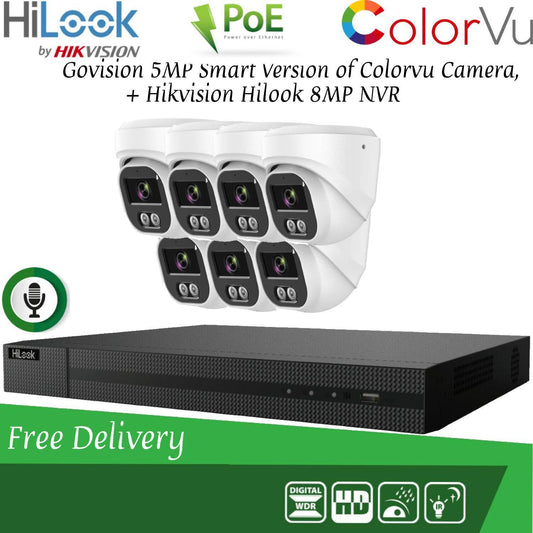 HIKVISION 8MP POE CCTV SYSTEM IP UHD NVR 5MP 24/7 COLORVU AUDIO MIC CAMERA KIT 8CH DVR 7x Cameras(white) 2TB HDD