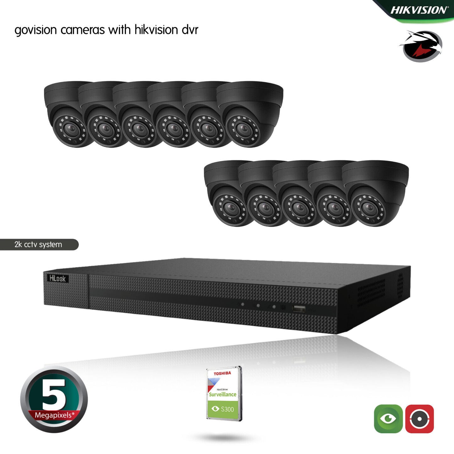 HIKVISION HILOOK CCTV SYSTEM 5MP DVR OUTDOOR NIGHTVISION SECURITY HD CAMERA KIT 16CH DVR 11xCameras 1TB HDD