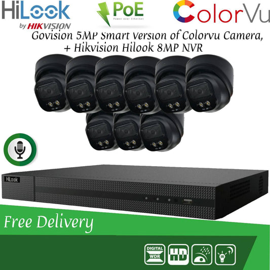 HIKVISION 8MP POE CCTV SYSTEM IP UHD NVR 5MP 24/7 COLORVU AUDIO MIC CAMERA KIT 16CH DVR 9x Cameras (Black) 1TB HDD