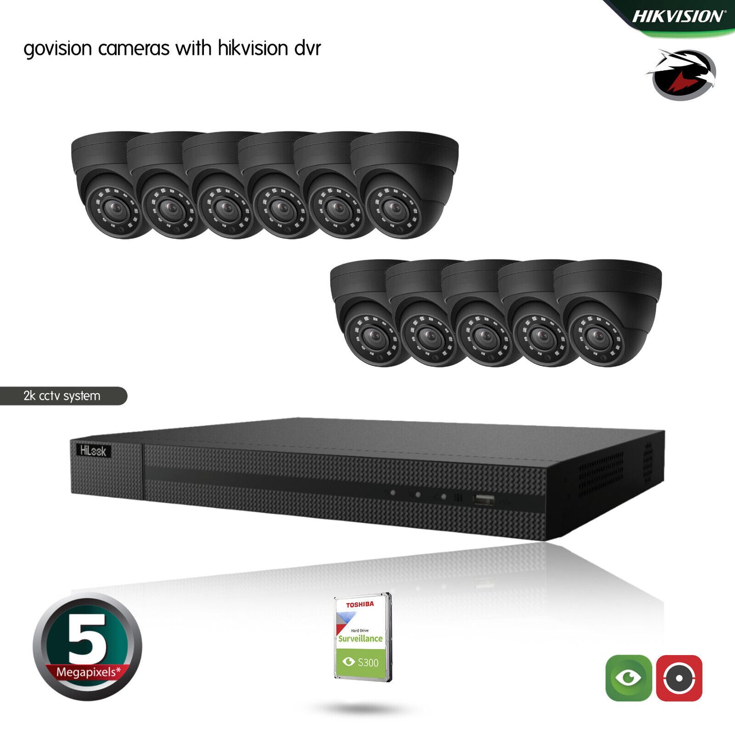 HIKVISION HILOOK CCTV SYSTEM 5MP DVR OUTDOOR NIGHTVISION SECURITY HD CAMERA KIT 16CH DVR 11xCameras 2TB HDD