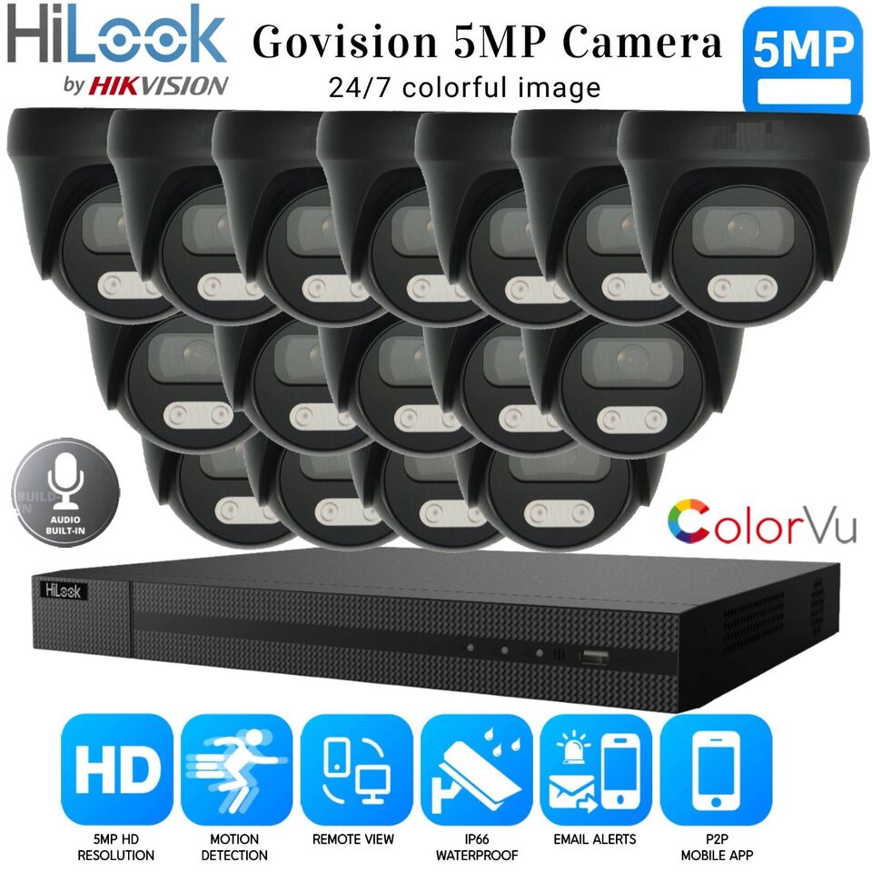 HIKVISION 5MP COLORVU AUDIO MIC CCTV SECURITY OUTDOOR INDOOR CAMERA SYSTEM KIT 16CH DVR 16x Cameras (gray) 4TB HDD