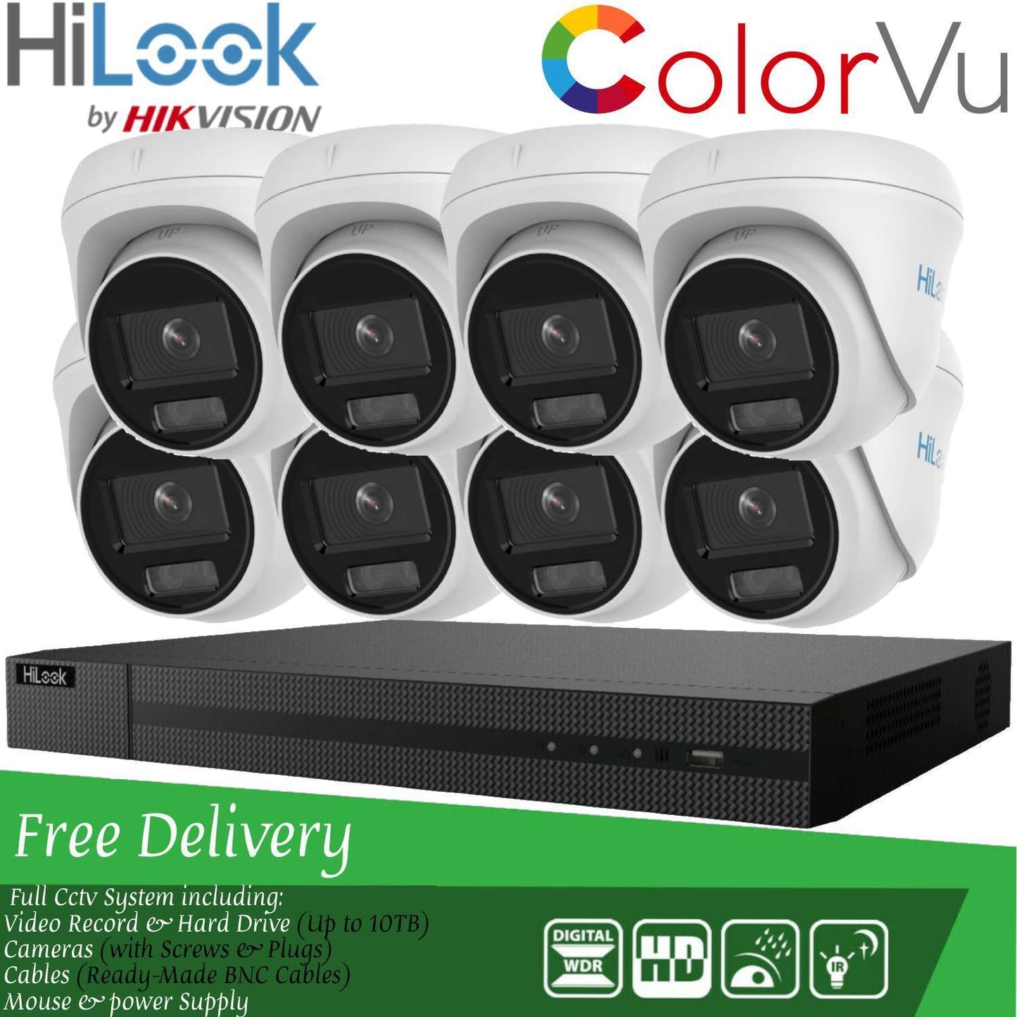 Hilook COLORVU POE CCTV SYSTEM IP UHD 8MP NVR 4K 5MP 24/7 COLORVU CAMERA KIT 8CH NVR 8x Cameras (white) 1TB HDD