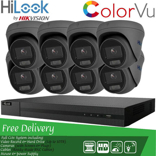 Hilook COLORVU POE CCTV SYSTEM IP UHD 8MP NVR 4K 5MP 24/7 COLORVU CAMERA KIT 8CH NVR 8x Cameras (grey) 1TB HDD