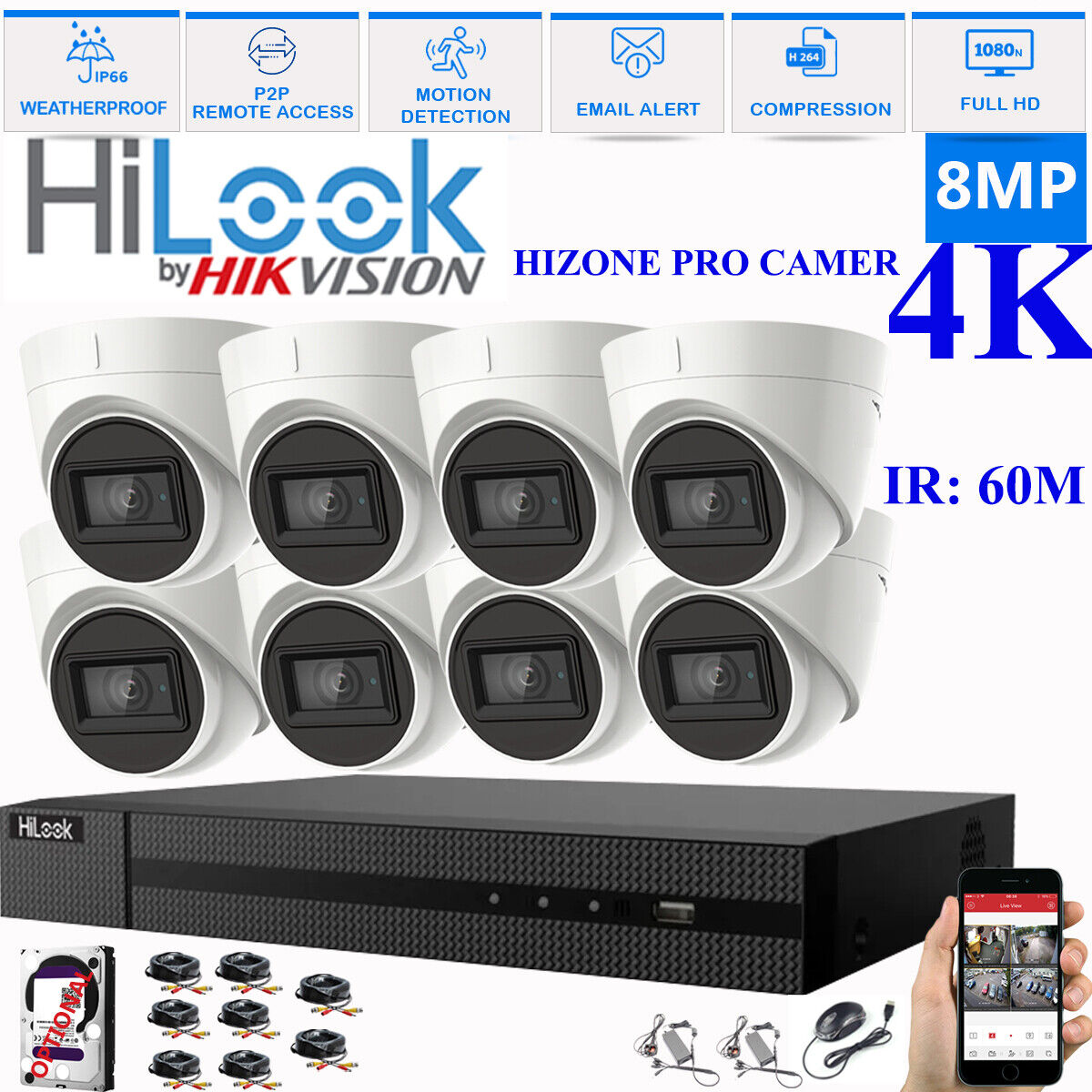 HIKVISION 8MP 4K CCTV HD DVR SYSTEM IN/OUTDOOR IR 60M CAMERA SECURITY KIT 8CH DVR 8xCameras (white) 3TB HDD