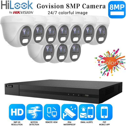 HIKVISION 8MP COLORVU CCTV SYSTEM UHD 8MP DVR 4K 24/7 COLORVu OUTDOOR CAMERA KIT 16CH DVR 10xCameras (white) 4TB HDD