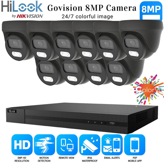 HIKVISION 8MP COLORVU CCTV SYSTEM UHD 8MP DVR 4K 24/7 COLORVu OUTDOOR CAMERA KIT 16CH DVR 10xCameras (gray) 4TB HDD