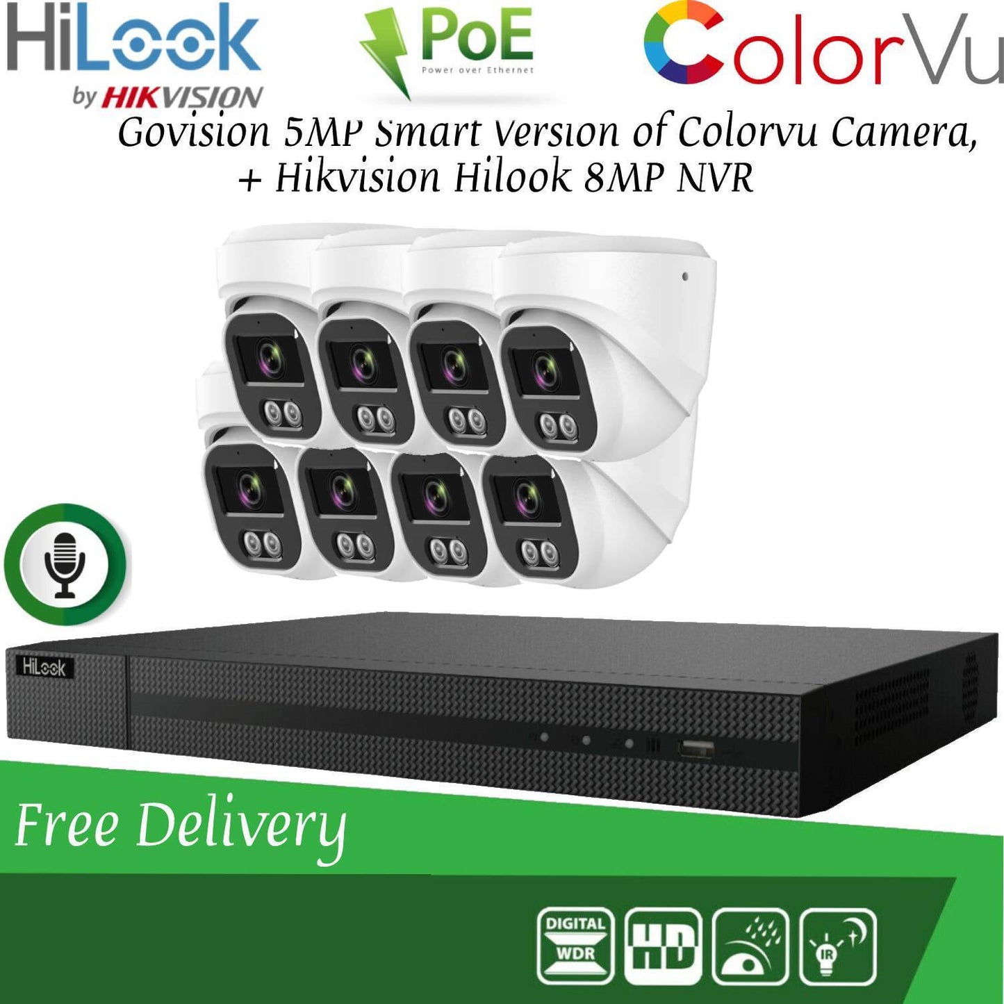 HIKVISION 8MP POE CCTV SYSTEM IP UHD NVR 5MP 24/7 COLORVU AUDIO MIC CAMERA KIT 8CH DVR 8x Cameras(white) 1TB HDD