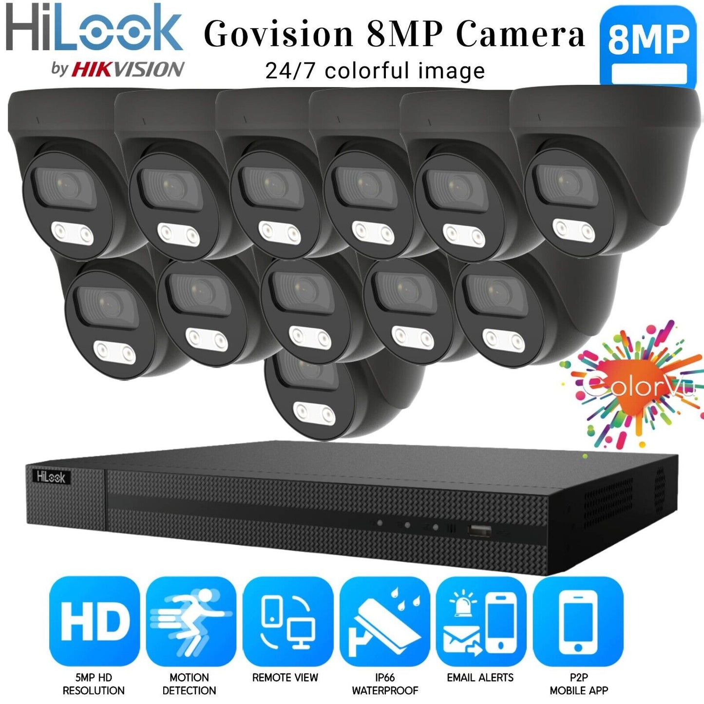 HIKVISION 8MP COLORVU CCTV SYSTEM UHD 8MP DVR 4K 24/7 COLORVu OUTDOOR CAMERA KIT 16CH DVR 12xCameras (gray) 2TB HDD