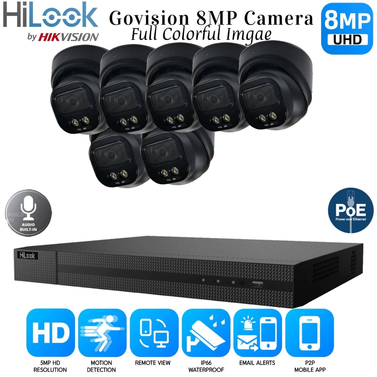 4K HIKVISION COLORVU AUDIO CCTV SYSTEM IP POE NVR 8MP CAMERA MIC NIGHTVISION KIT 8CH NVR 7xCameras (black) 4TB HDD