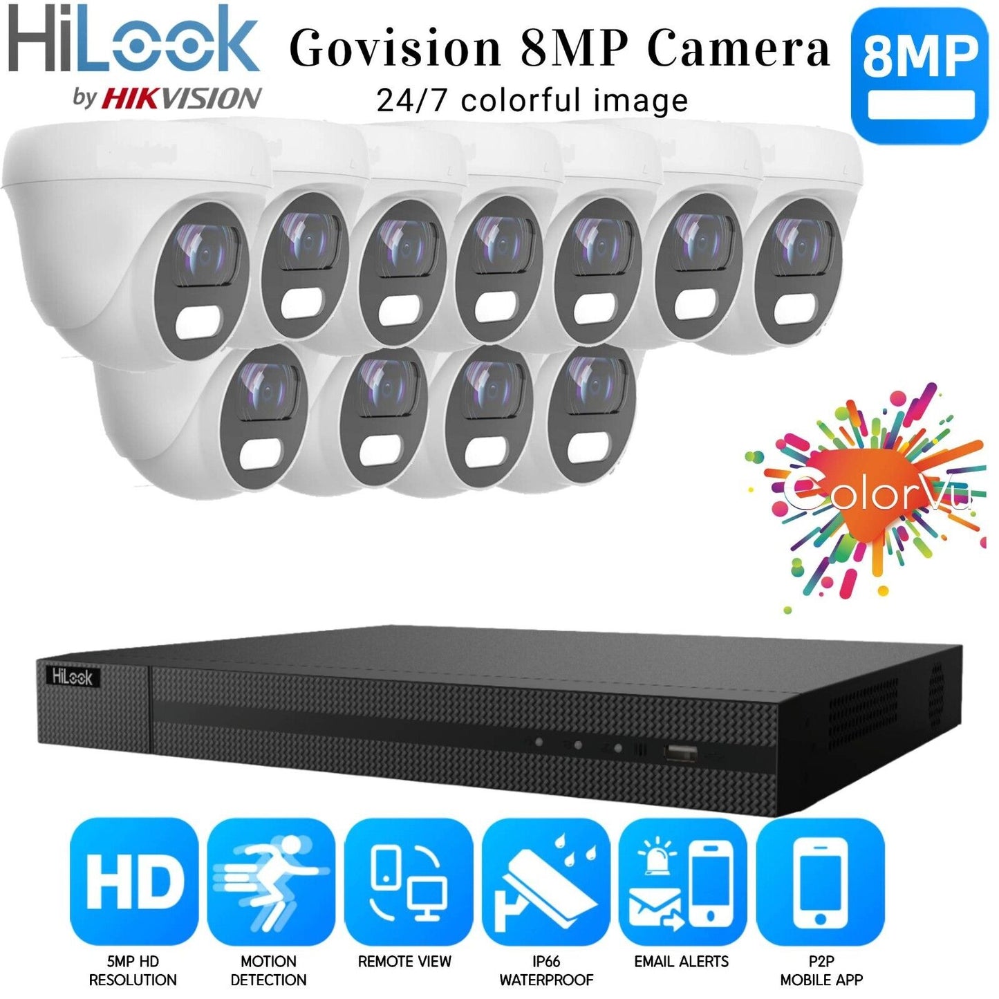 HIKVISION 8MP COLORVU CCTV SYSTEM UHD 8MP DVR 4K 24/7 COLORVu OUTDOOR CAMERA KIT 16CH DVR 11xCameras (white) 4TB HDD