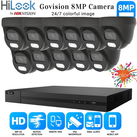 HIKVISION 8MP COLORVU CCTV SYSTEM UHD 8MP DVR 4K 24/7 COLORVu OUTDOOR CAMERA KIT 16CH DVR 11xCameras (gray) 4TB HDD