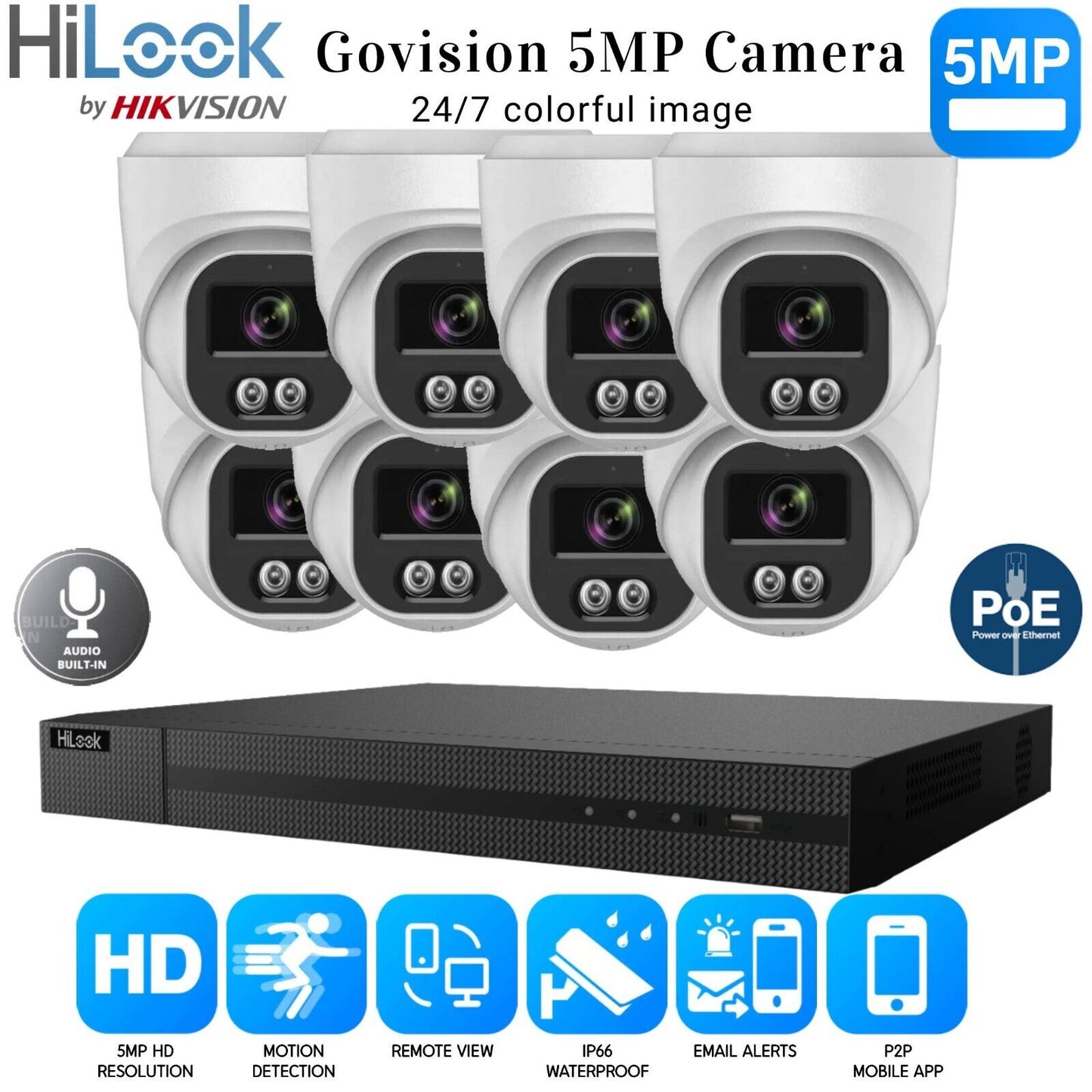 8MP HIKVISION COLORVU AUDIO IP POE CCTV SYSTEM 5MP CAMERA + MIC 8CH NVR 8x Cameras (white) 2TB HDD