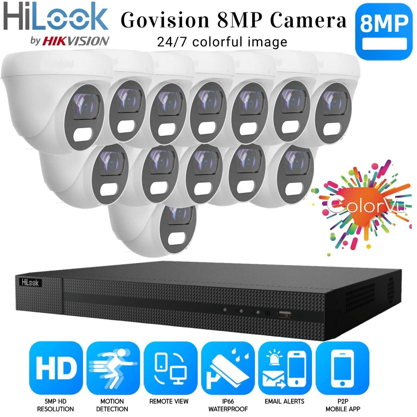 HIKVISION 8MP COLORVU CCTV SYSTEM UHD 8MP DVR 4K 24/7 COLORVu OUTDOOR CAMERA KIT 16CH DVR 13xCameras (white) 1TB HDD