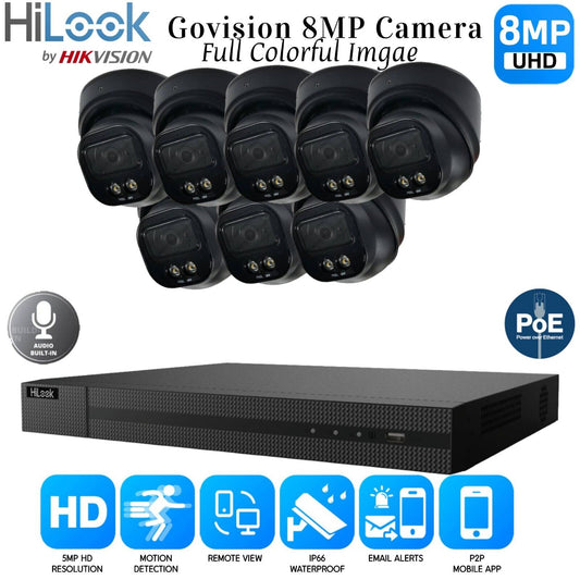 4K HIKVISION COLORVU AUDIO CCTV SYSTEM IP POE NVR 8MP CAMERA MIC NIGHTVISION KIT 8CH NVR 8xCameras (black) 1TB HDD