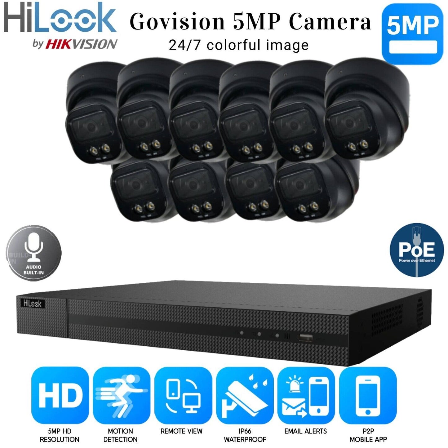 HiLook 4K ColorVu Audio IP CCTV System POE NVR 5MP Camera MIC Night vision Kit 16CH NVR 10xCameras 1TB HDD