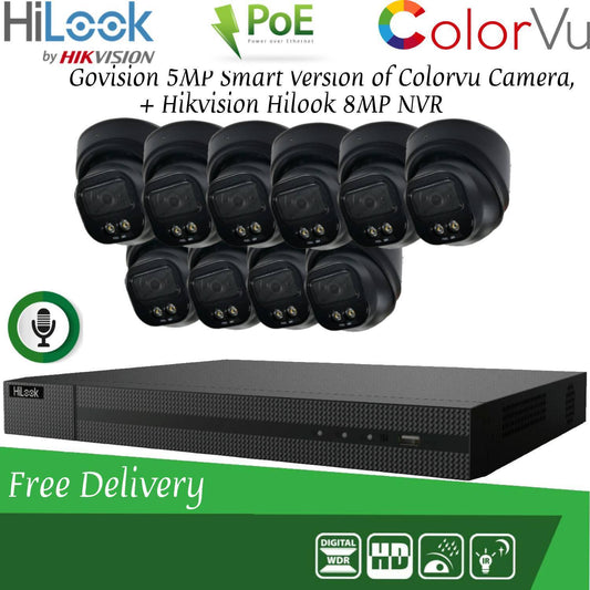 HIKVISION 8MP POE CCTV SYSTEM IP UHD NVR 5MP 24/7 COLORVU AUDIO MIC CAMERA KIT 16CH 10x Cameras (Black) 1TB HDD