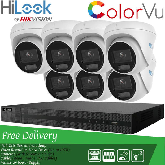 Hilook COLORVU POE CCTV SYSTEM IP UHD 8MP NVR 4K 5MP 24/7 COLORVU CAMERA KIT 8CH NVR 7x Cameras (white) 6TB HDD