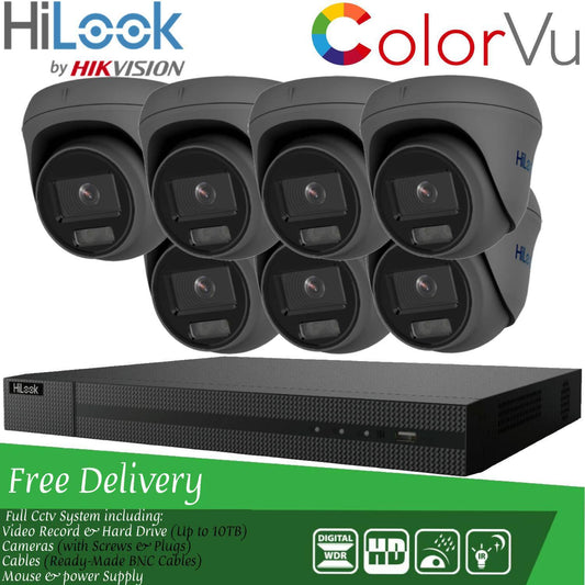 Hilook COLORVU POE IP CCTV SYSTEM UHD 8MP NVR 4K 5MP 24/7 COLORVU CAMERA KIT 8CH NVR 7x Cameras (grey) 6TB HDD