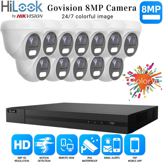 HIKVISION 8MP COLORVU CCTV SYSTEM UHD 8MP DVR 4K 24/7 COLORVu OUTDOOR CAMERA KIT 16CH DVR 12xCameras (white) 4TB HDD