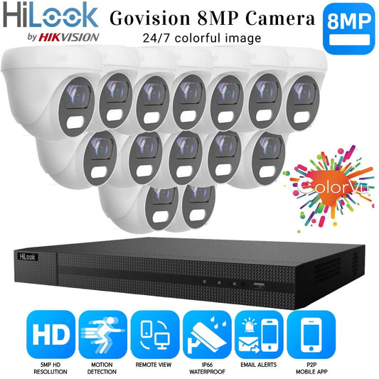 HIKVISION 8MP COLORVU CCTV SYSTEM UHD 8MP DVR 4K 24/7 COLORVu OUTDOOR CAMERA KIT 16CH DVR 14xCameras (white) 1TB HDD