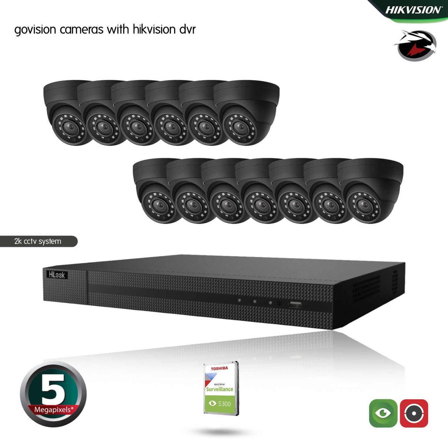 HIKVISION HILOOK CCTV SYSTEM 5MP DVR OUTDOOR NIGHTVISION SECURITY HD CAMERA KIT 16CH DVR 13xCameras 1TB HDD