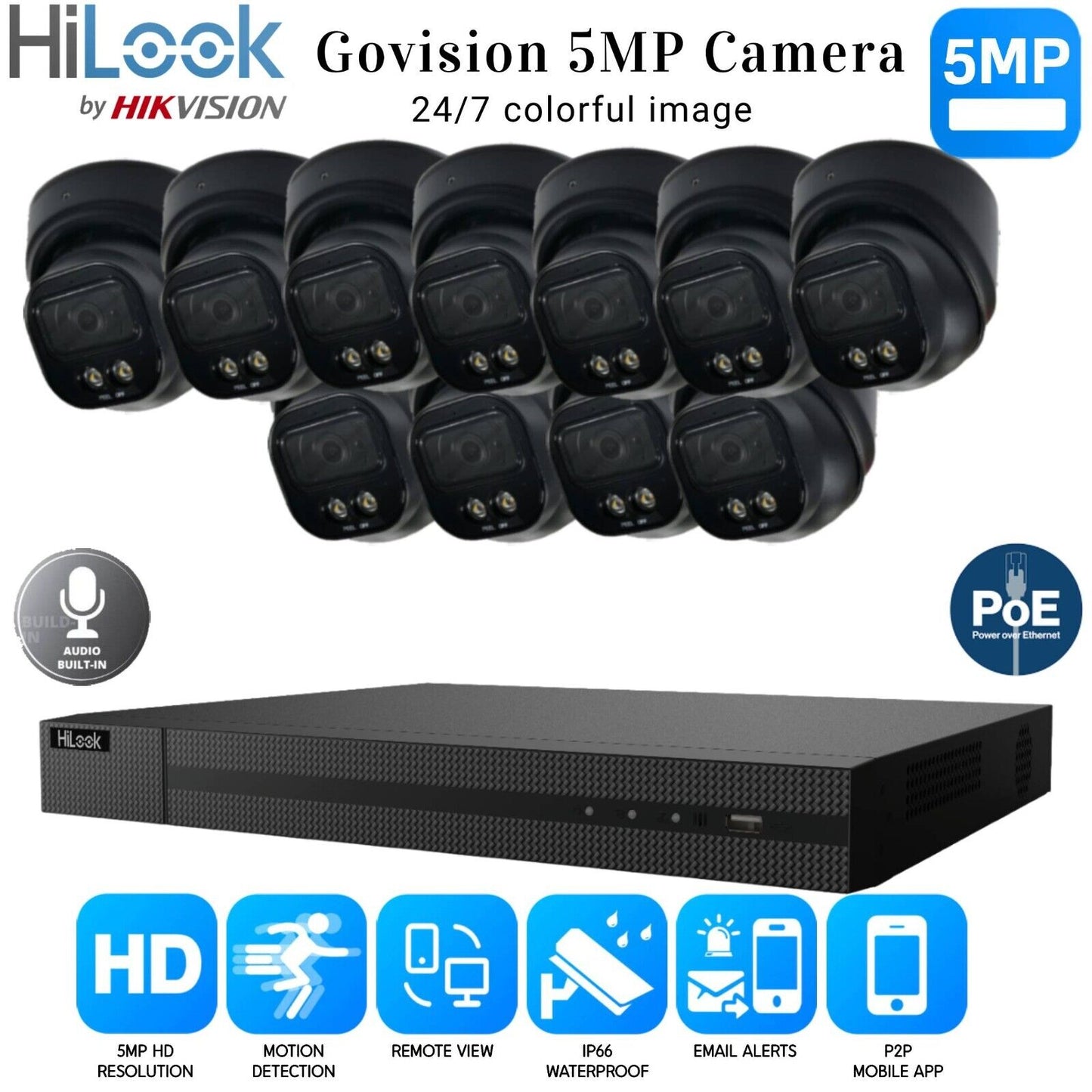 HiLook 4K ColorVu Audio IP CCTV System POE NVR 5MP Camera MIC Night vision Kit 16CH NVR 11xCameras 1TB HDD