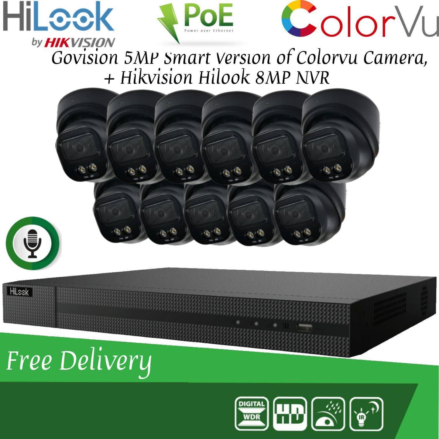 HIKVISION 8MP POE CCTV SYSTEM IP UHD NVR 5MP 24/7 COLORVU AUDIO MIC CAMERA KIT 16CH 11x Cameras (Black) 1TB HDD