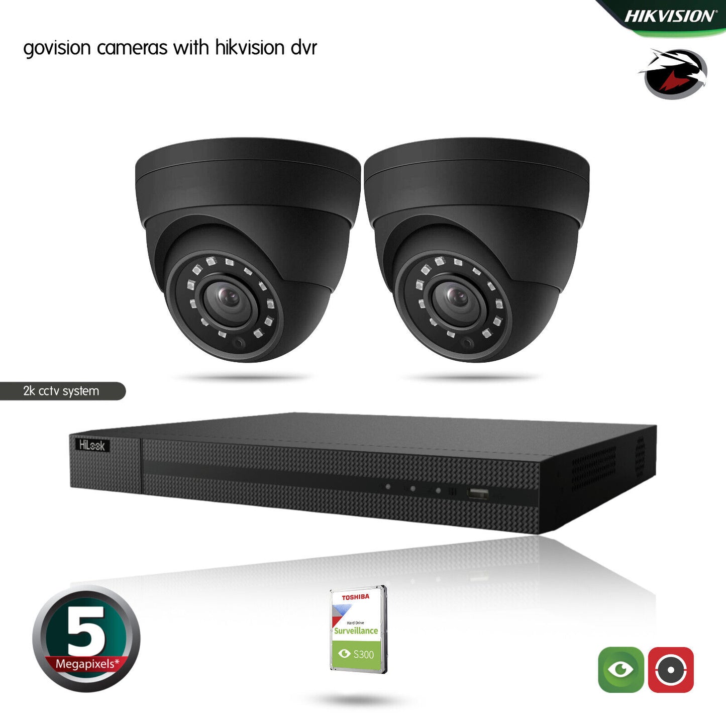 Hikvision 5MP CCTV full HD night vision outdoor DVR home security system kit UK 4ch DVR 2xCameras (gray) 1TB HDD