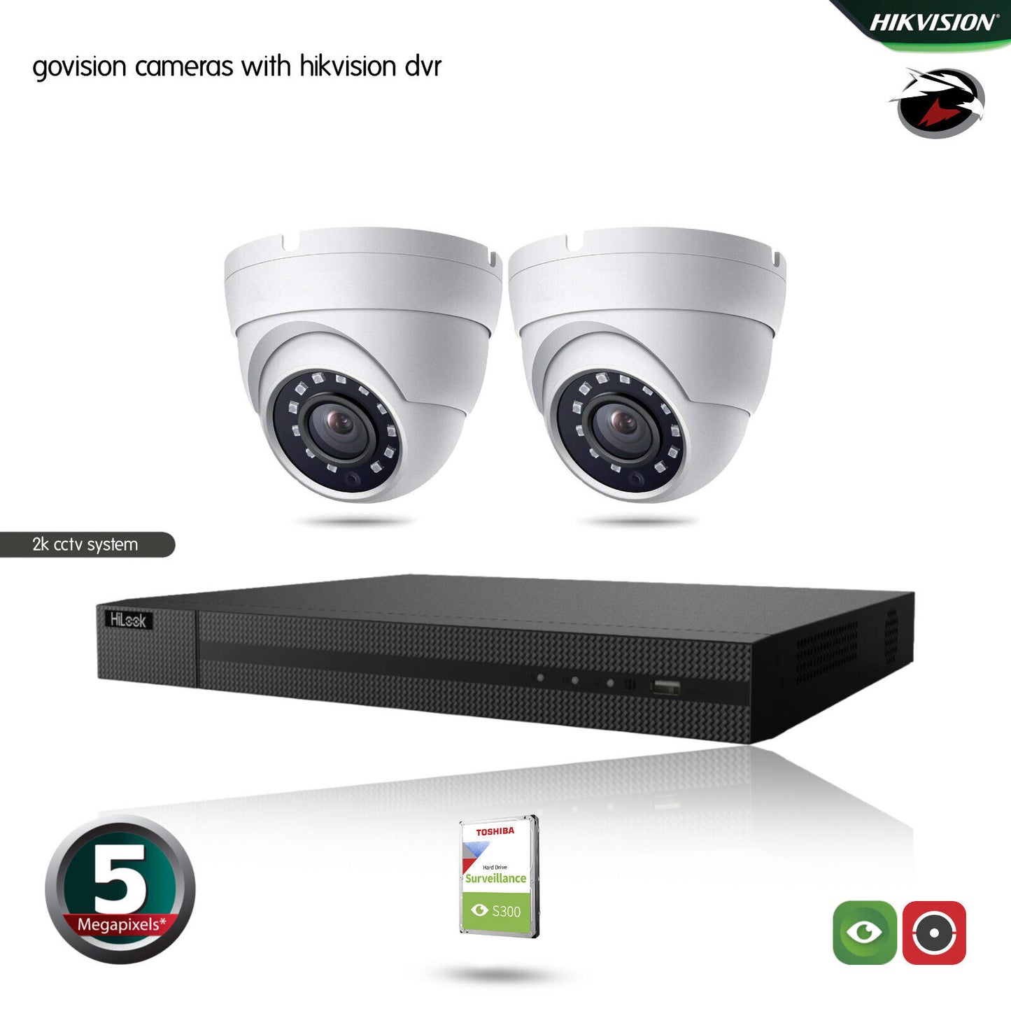 Hikvision 5MP CCTV full HD night vision outdoor DVR home security system kit UK 4ch DVR 2xCameras (white) 1TB HDD