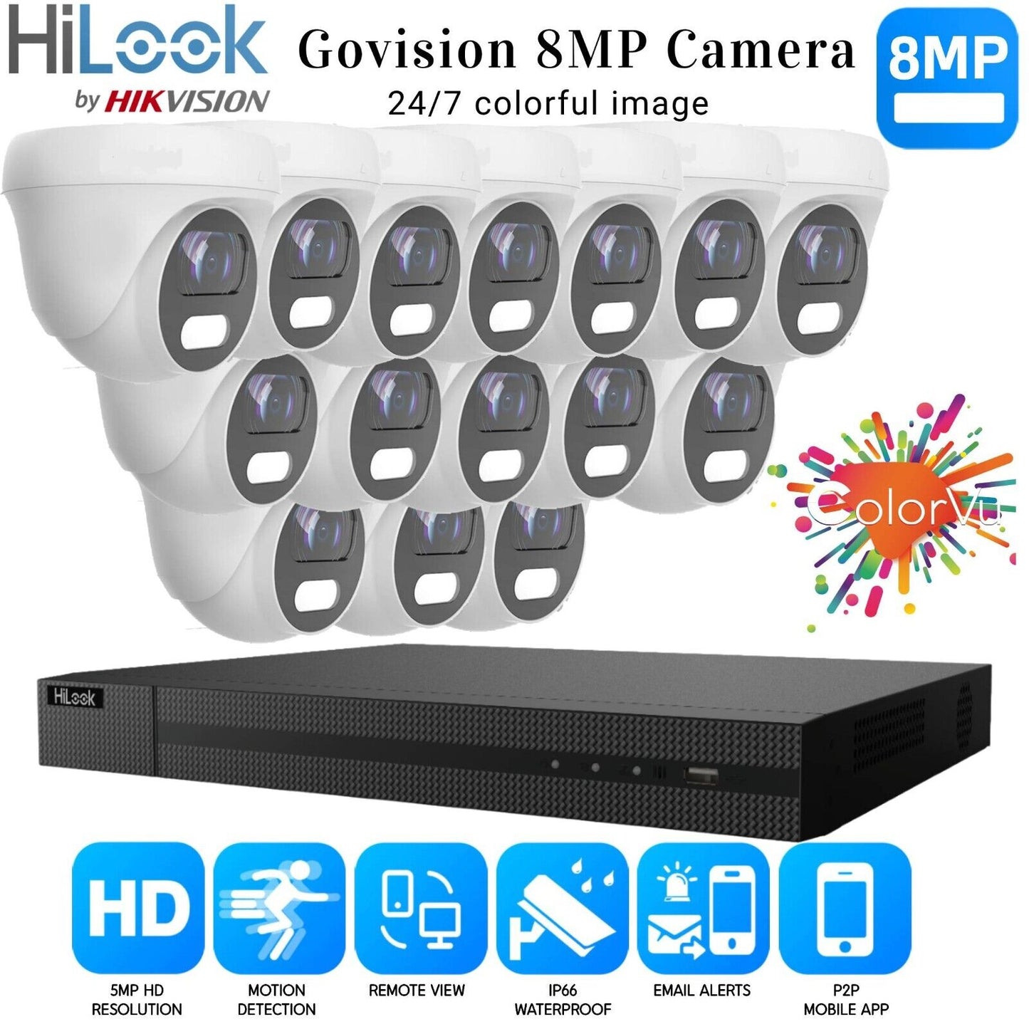 HIKVISION 8MP COLORVU CCTV SYSTEM UHD 8MP DVR 4K 24/7 COLORVu OUTDOOR CAMERA KIT 16CH DVR 15xCameras (white) 1TB HDD