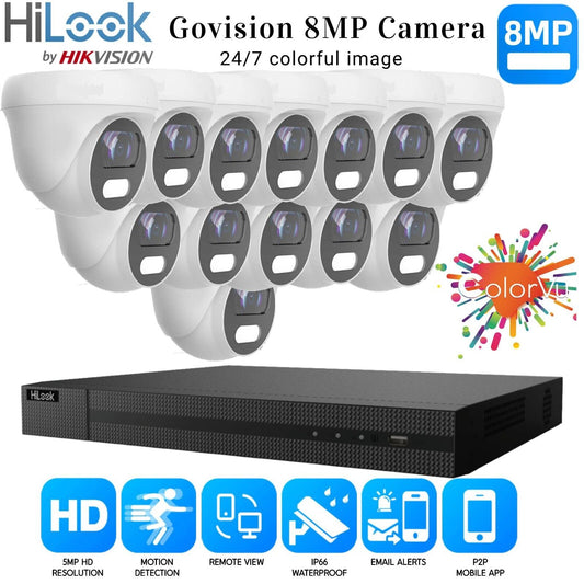 HIKVISION 8MP COLORVU CCTV SYSTEM UHD 8MP DVR 4K 24/7 COLORVu OUTDOOR CAMERA KIT 16CH DVR 13xCameras (white) 4TB HDD