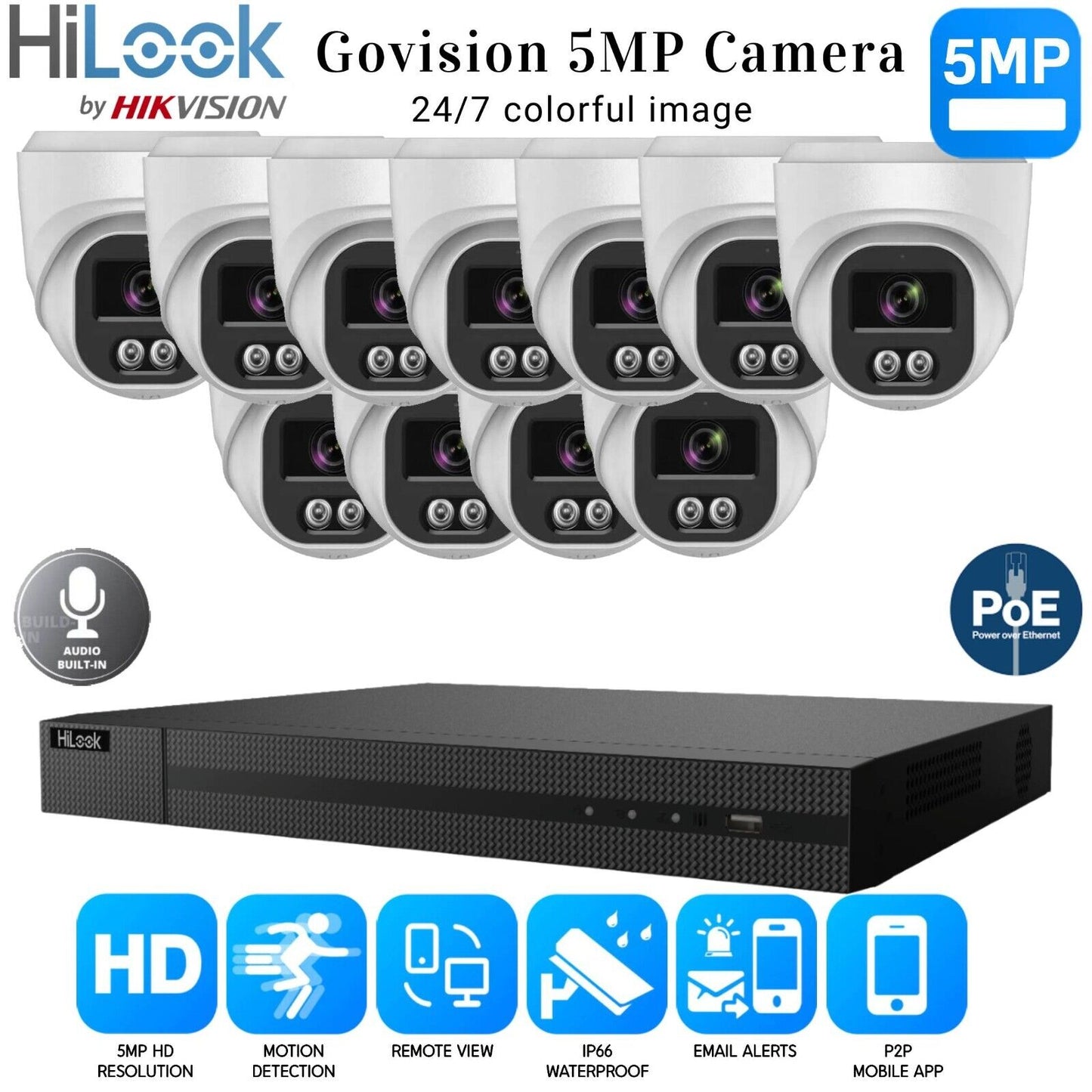 HiLook 4K ColorVu Audio IP CCTV System POE NVR 5MP Camera MIC Night vision Kit 16CH NVR 11xCameras 2TB HDD