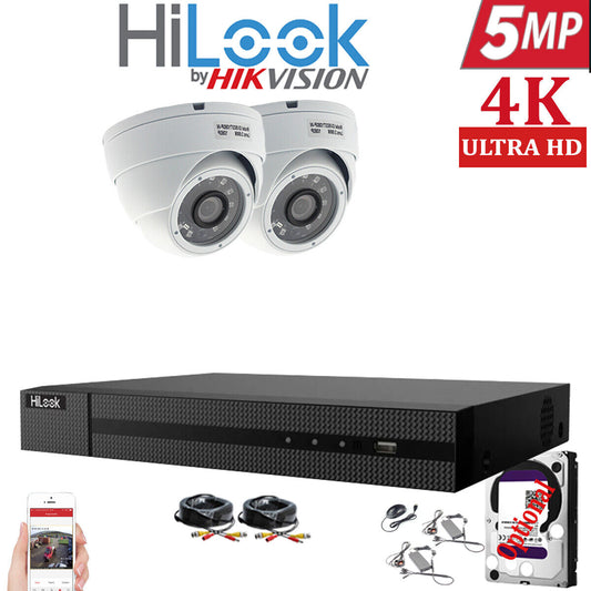 HIKVISION HILOOK 5MP CCTV SYSTEM 4CH DVR FULL HD 20M NIGHT VISION DOME CAMERAS 2x Cameras (White) 1TB HDD
