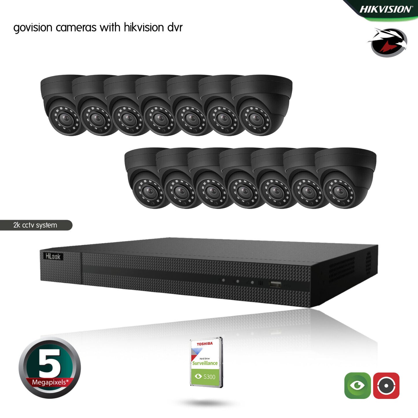 HIKVISION HILOOK CCTV SYSTEM 5MP DVR OUTDOOR NIGHTVISION SECURITY HD CAMERA KIT 16CH DVR 14xCameras 1TB HDD