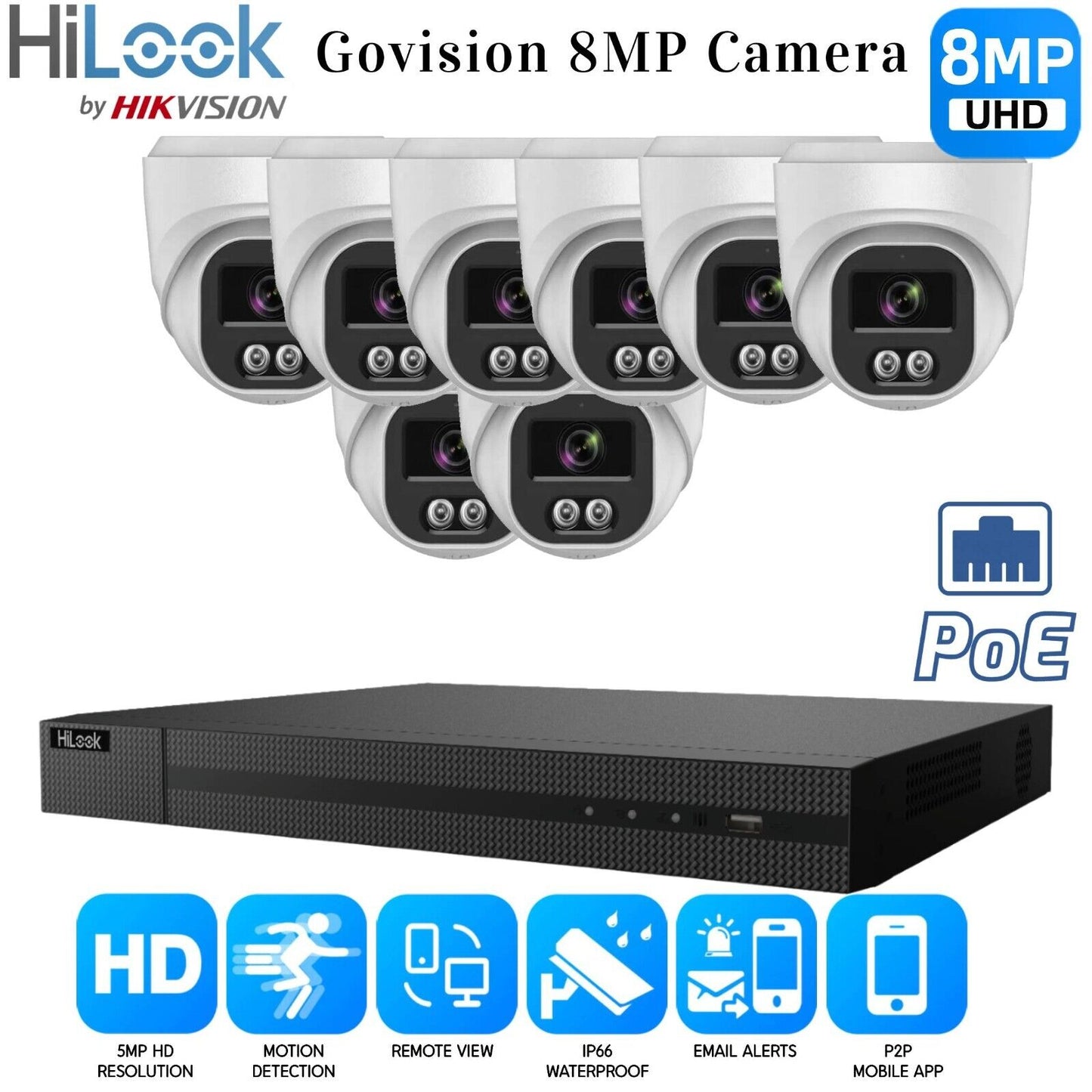 8MP HIKVISION COLORVU AUDIO CCTV SYSTEM IP POE NVR 4K CAMERA MIC NIGHTVISION KIT 16CH NVR 8xCameras (white) 1TB HDD