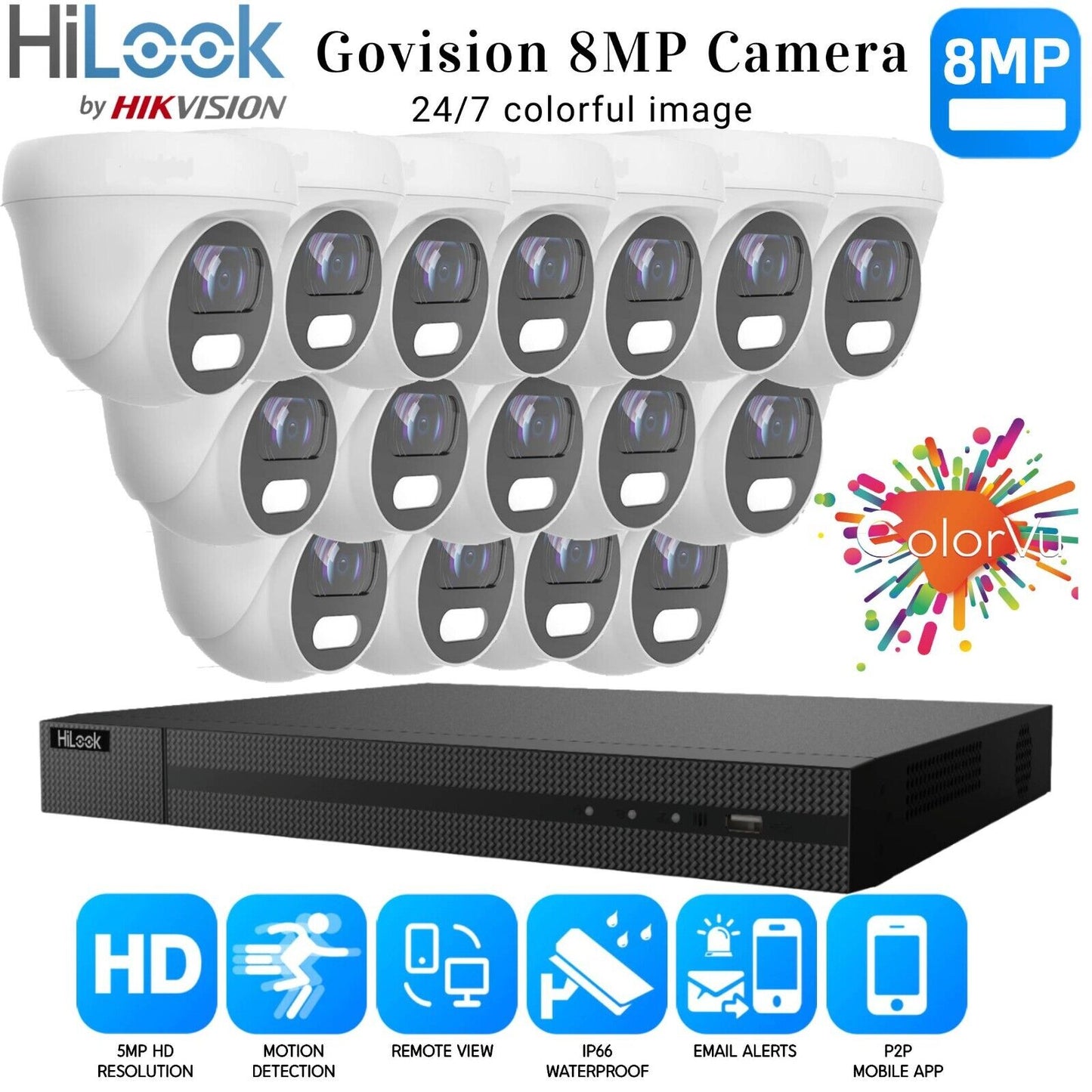 HIKVISION 8MP COLORVU CCTV SYSTEM UHD 8MP DVR 4K 24/7 COLORVu OUTDOOR CAMERA KIT 16CH DVR 16xCameras (white) 1TB HDD