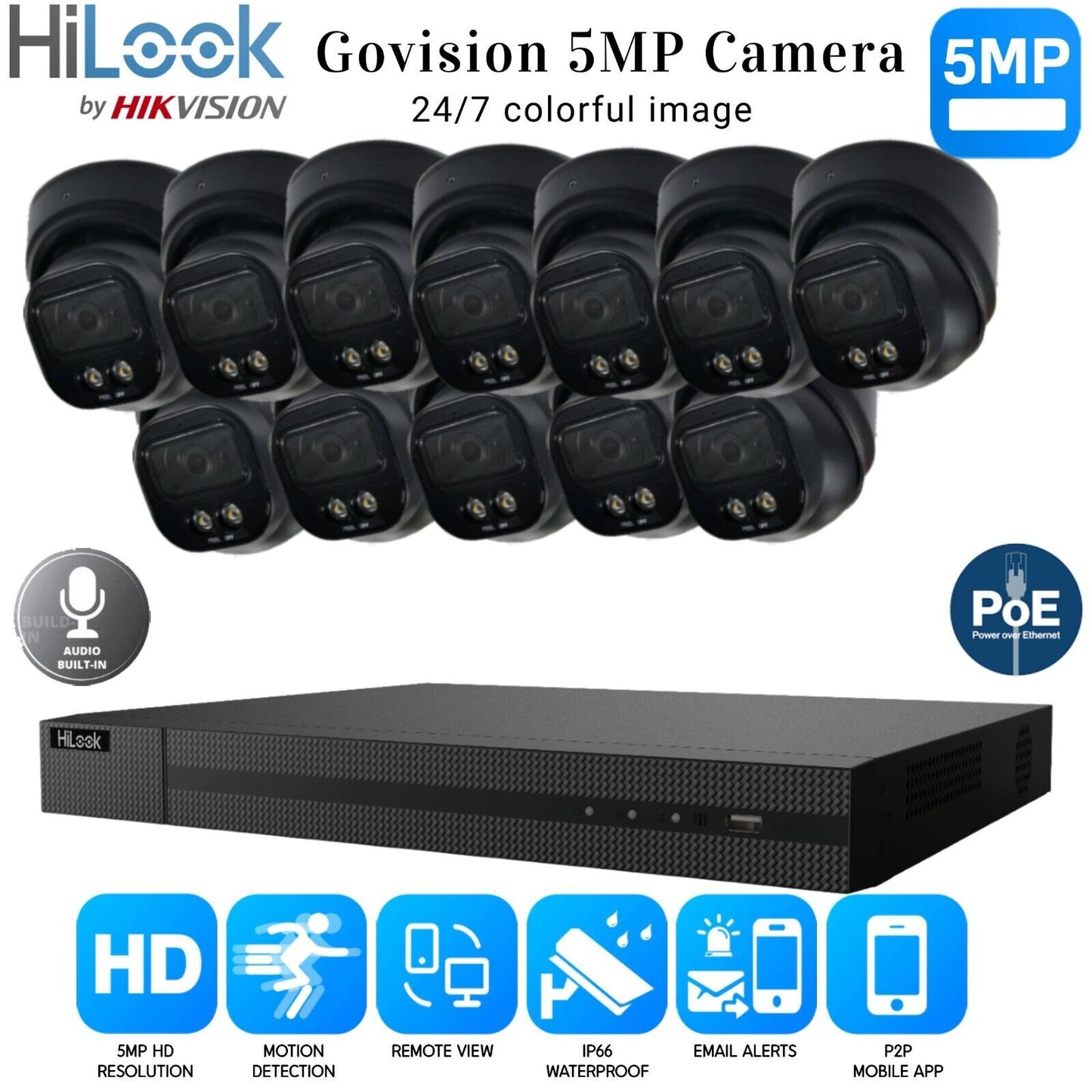 HIKVISION COLORVU POE CCTV SYSTEM IP UHD 8MP NVR 5MP COLORVU AUDIO CAMERA KIT UK 16CH NVR 12xCameras (black) 1TB HDD