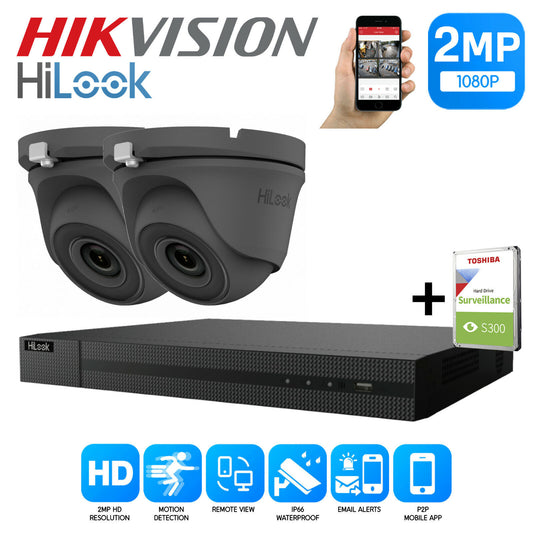 HIKVISION HILOOK CCTV SYSTEM KIT 4CH DVR 2MP TURRET CAMERA DAY/NIGHT UK 4CH DVR 2xCameras (gray) 1TB HDD