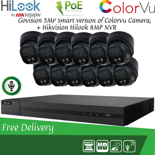 HIKVISION 8MP POE CCTV SYSTEM IP UHD NVR 5MP 24/7 COLORVU AUDIO MIC CAMERA KIT 16CH 12x Cameras (Black) 1TB HDD