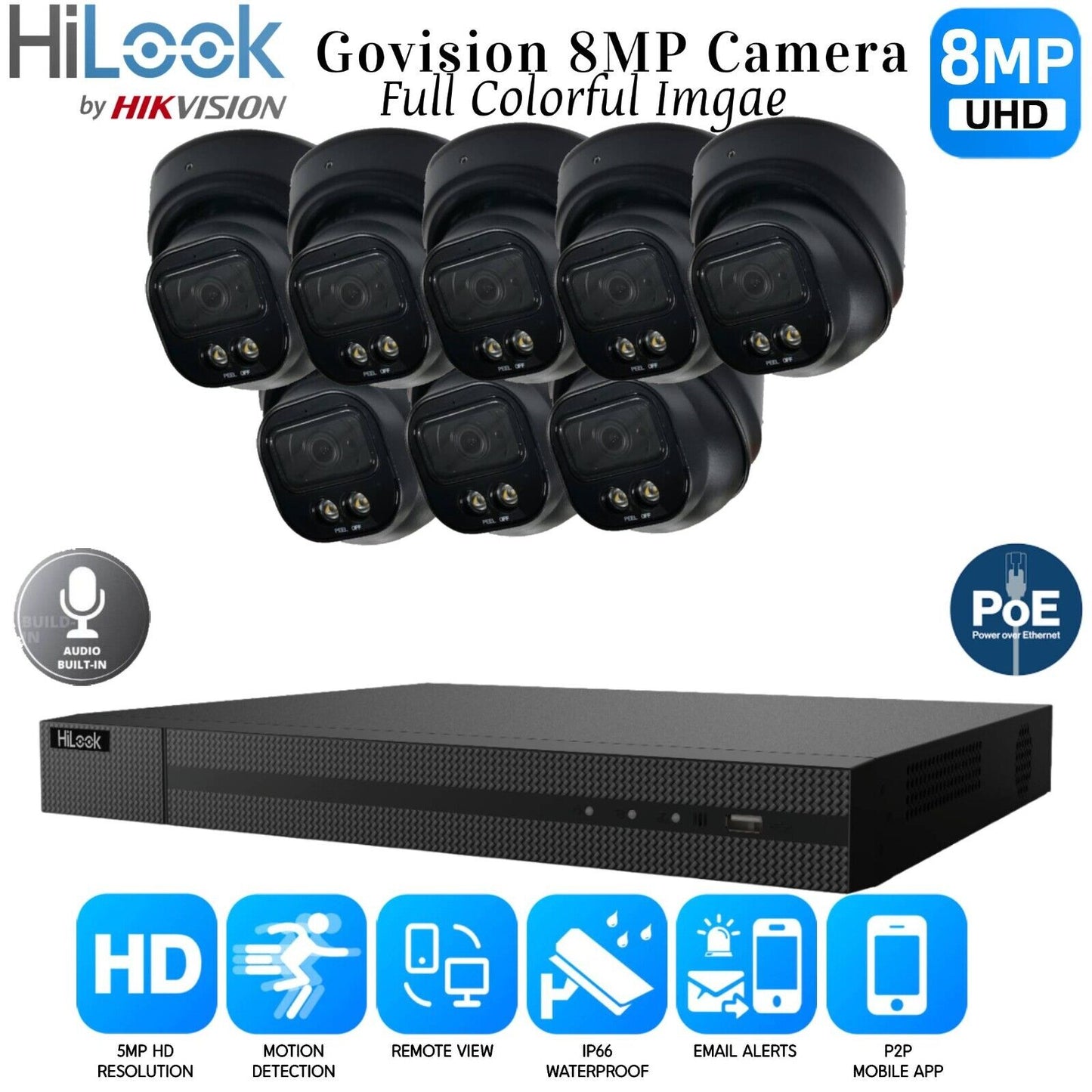 HiLook 4K ColorVu Audio IP CCTV System POE NVR 8MP Camera MIC Night vision Kit 16CH NVR 8xCameras 2TB HDD