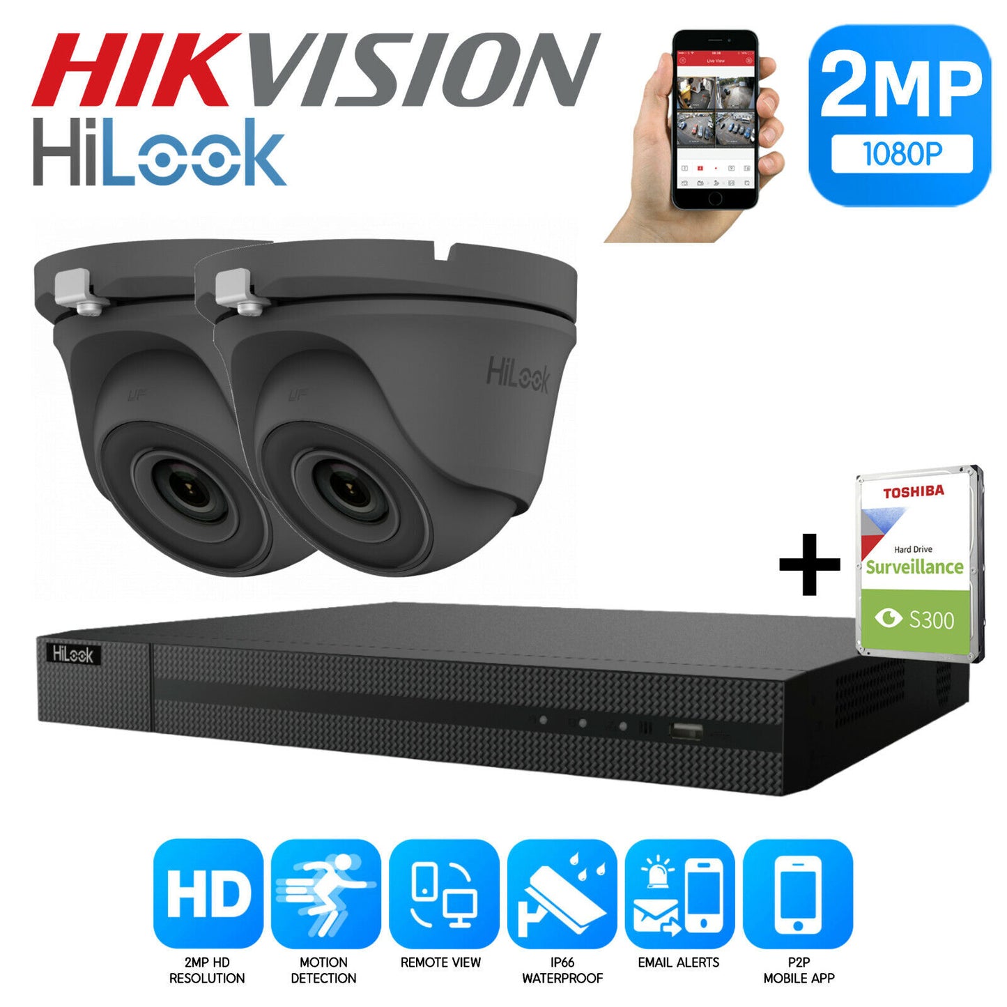 Hikvision Hilook 1080P HD DVR outdoor nightvision CCTV system camera kit 4ch DVR 2xCameras (gray) 1TB HDD
