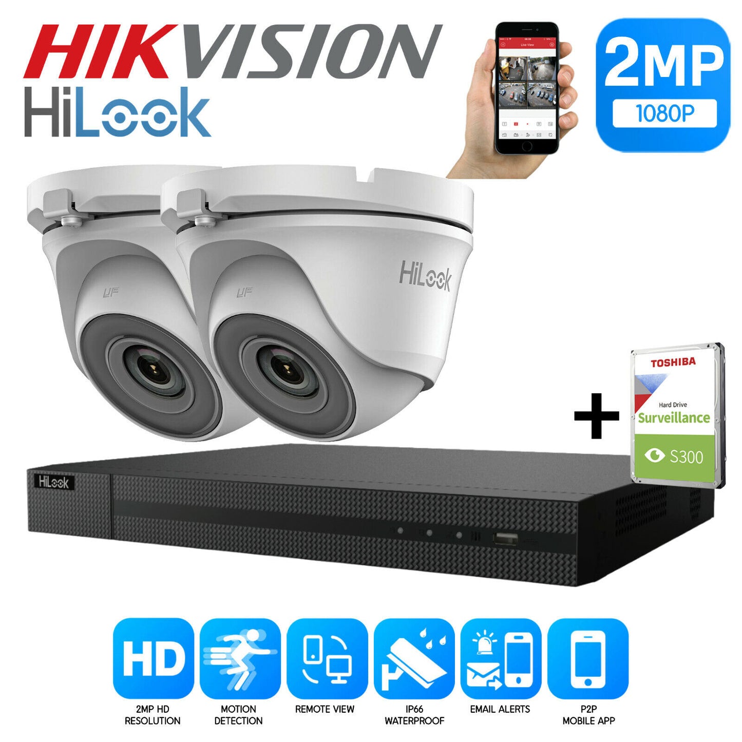 Hikvision Hilook 1080P HD DVR outdoor night vision CCTV system camera kit 4ch DVR 2xCameras (white) 1TB HDD