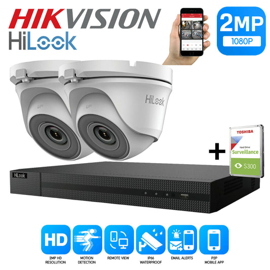 HIKVISION HILOOK 1080P HD DVR OUTDOOR NIGHT VISION CCTV SYSTEM CAMERA KIT 4CH DVR 2xCameras (white) 1TB HDD
