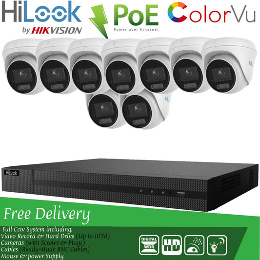 Hilook COLORVU POE CCTV SYSTEM IP UHD 8MP NVR 4K 5MP 24/7 COLORVU CAMERA KIT 16CH NVR 9x Cameras (white) 1TB HDD