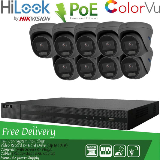 HIKVISION COLORVU POE IP CCTV SYSTEM UHD 8MP NVR 4K 5MP 24/7 COLORVU CAMERA KIT 16CH NVR 9x Cameras (grey) 1TB HDD