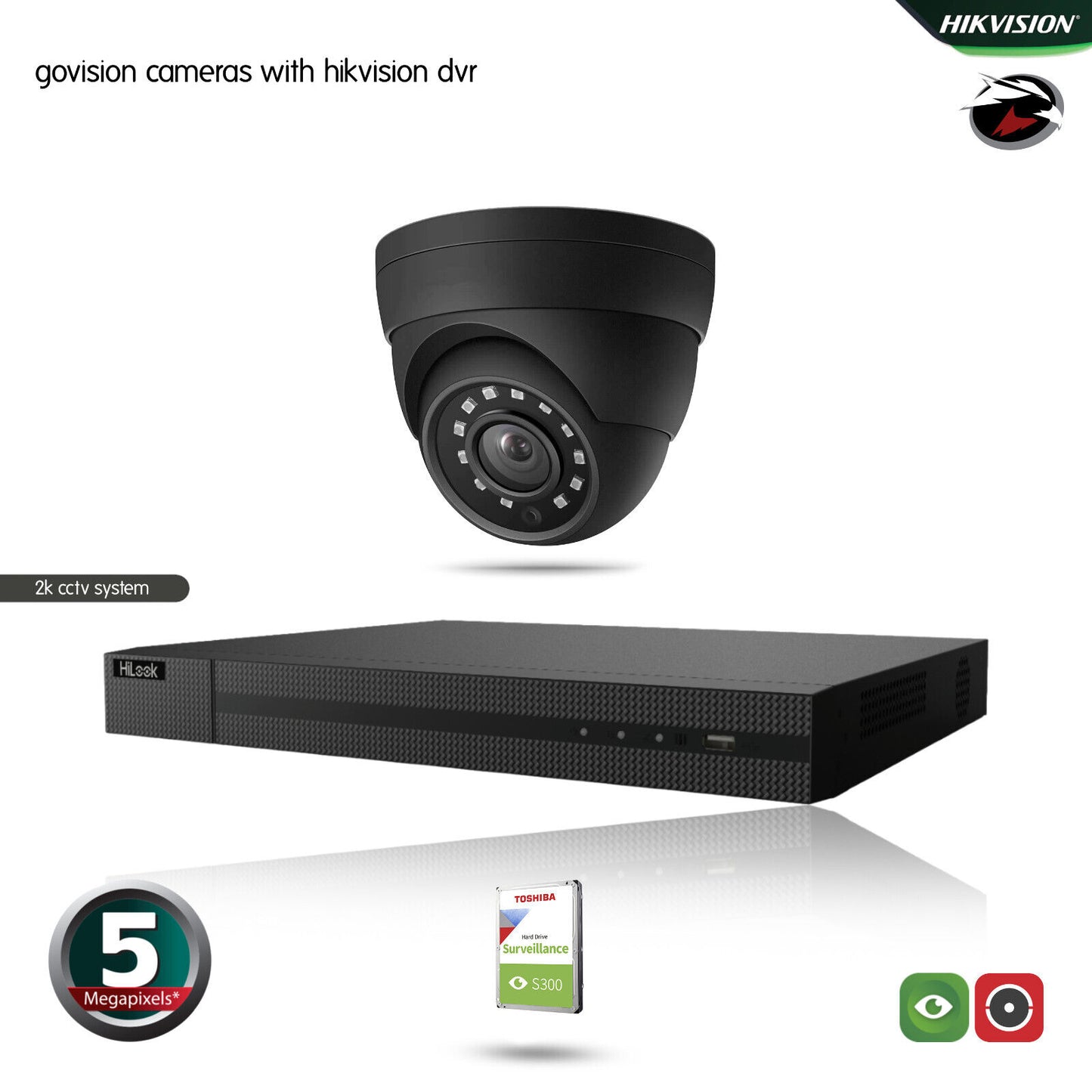 HIKVISION HILOOK CCTV SYSTEM 5MP DVR OUTDOOR NIGHTVISION SECURITY HD CAMERA KIT 4CH DVR 1xCameras 1TB HDD