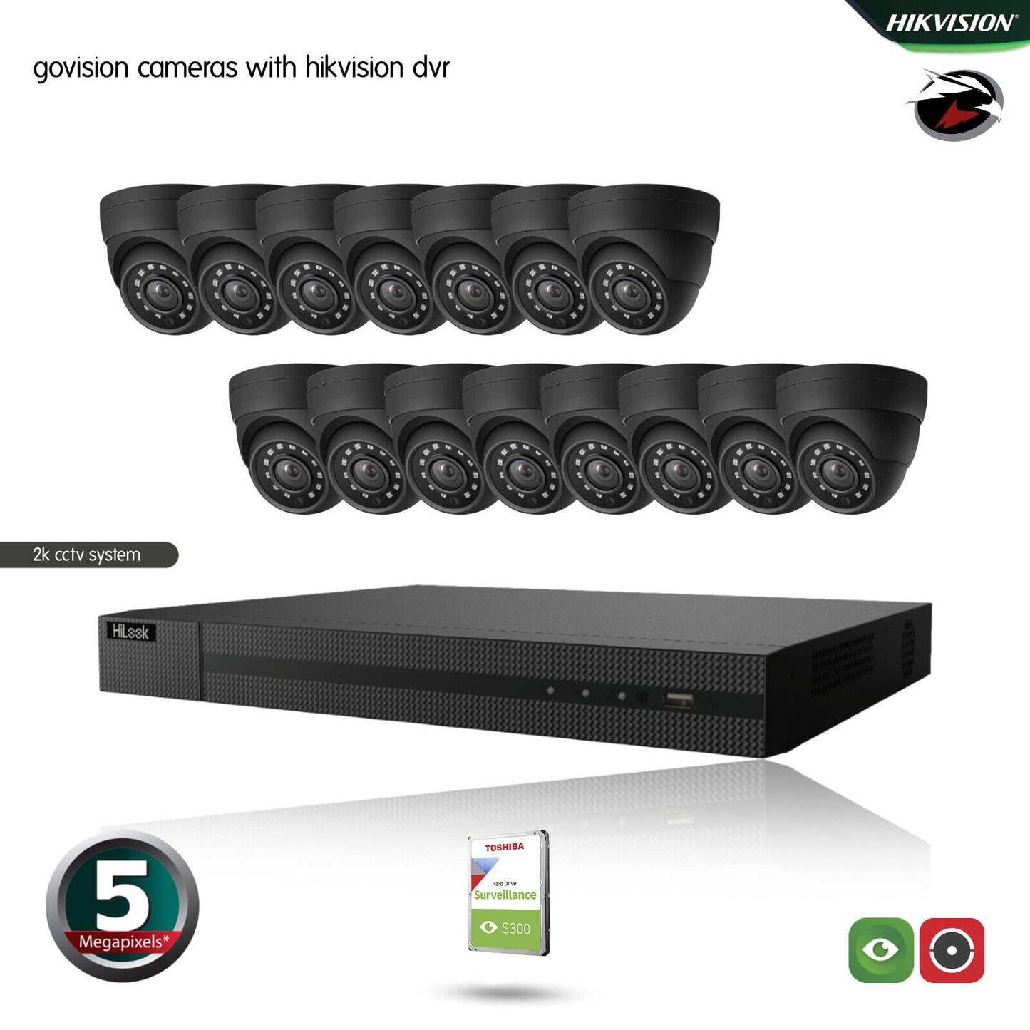 HIKVISION HILOOK CCTV SYSTEM 5MP DVR OUTDOOR NIGHTVISION SECURITY HD CAMERA KIT 16CH DVR 15xCameras 1TB HDD