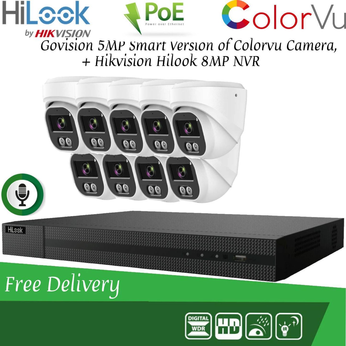 HIKVISION 8MP POE CCTV SYSTEM IP UHD NVR 5MP 24/7 COLORVU AUDIO MIC CAMERA KIT 16CH 9x Cameras(white) 1TB HDD