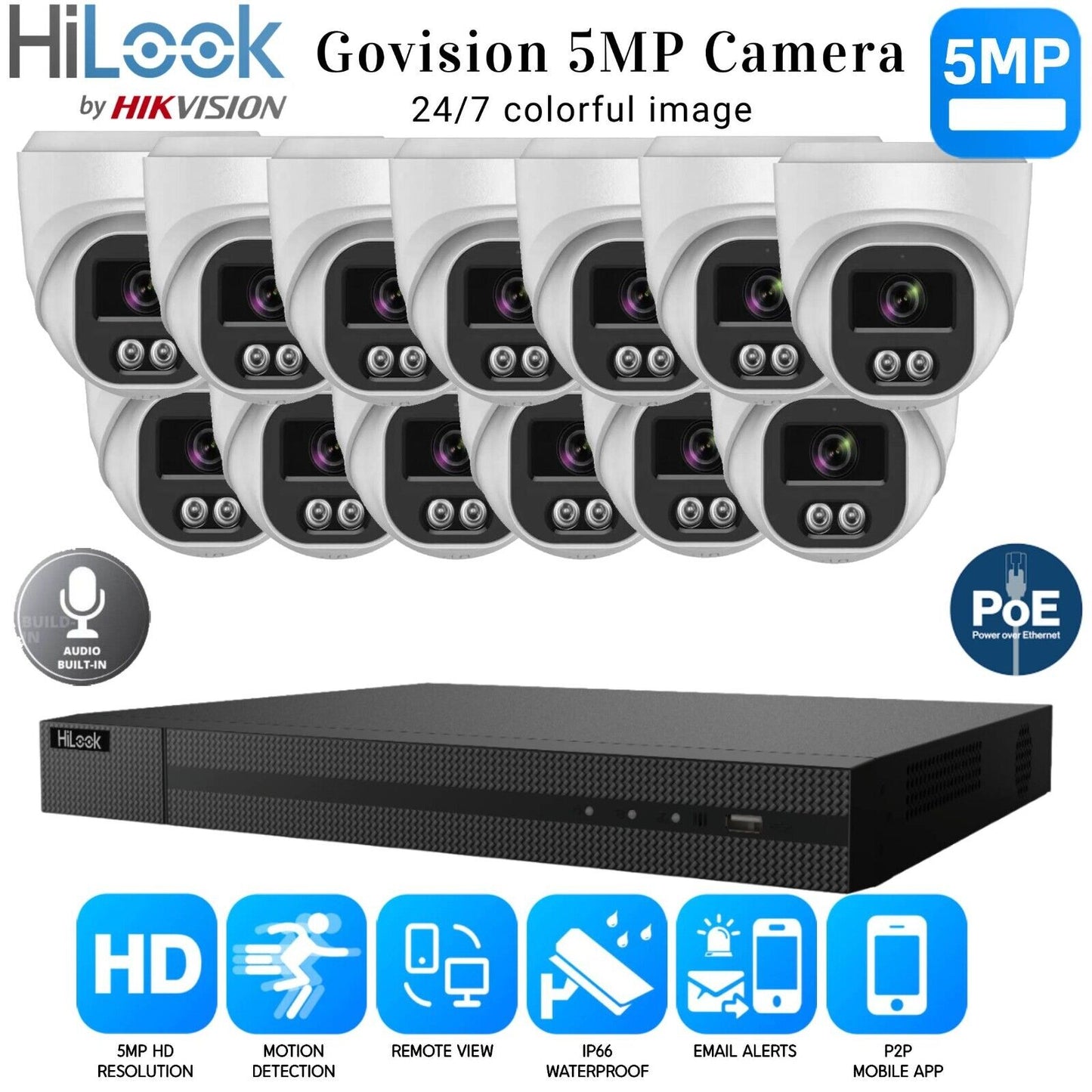 HIKVISION COLORVU POE CCTV SYSTEM IP UHD 8MP NVR 5MP COLORVU AUDIO CAMERA KIT UK 16CH NVR 13xCameras (white) 1TB HDD