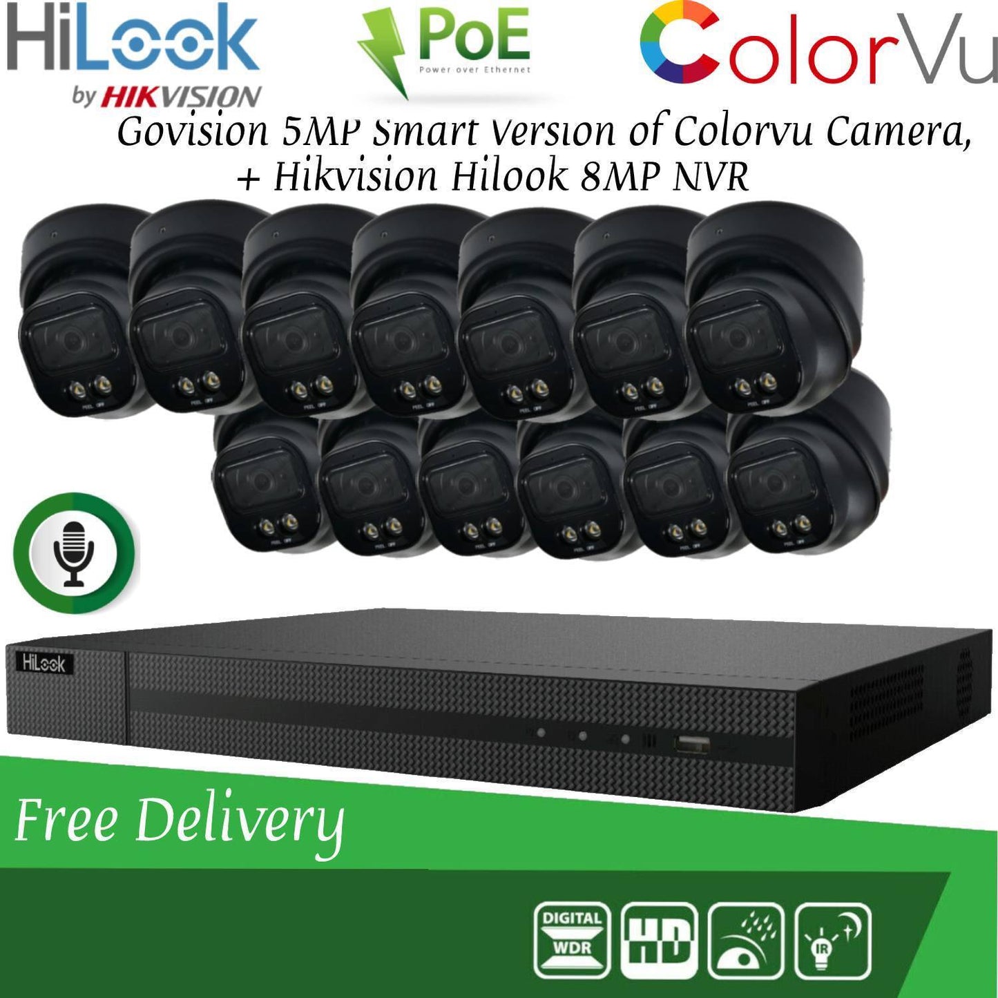 HIKVISION 8MP POE CCTV SYSTEM IP UHD NVR 5MP 24/7 COLORVU AUDIO MIC CAMERA KIT 16CH 13x Cameras (Black) 1TB HDD